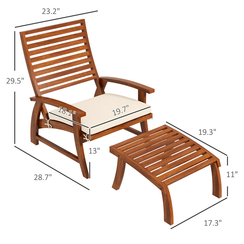 Chaise de patio pour l'extérieur 4 pièces, siège en bois avec coussins, tabouret de coussin à lattes blanc crème, dossier crème