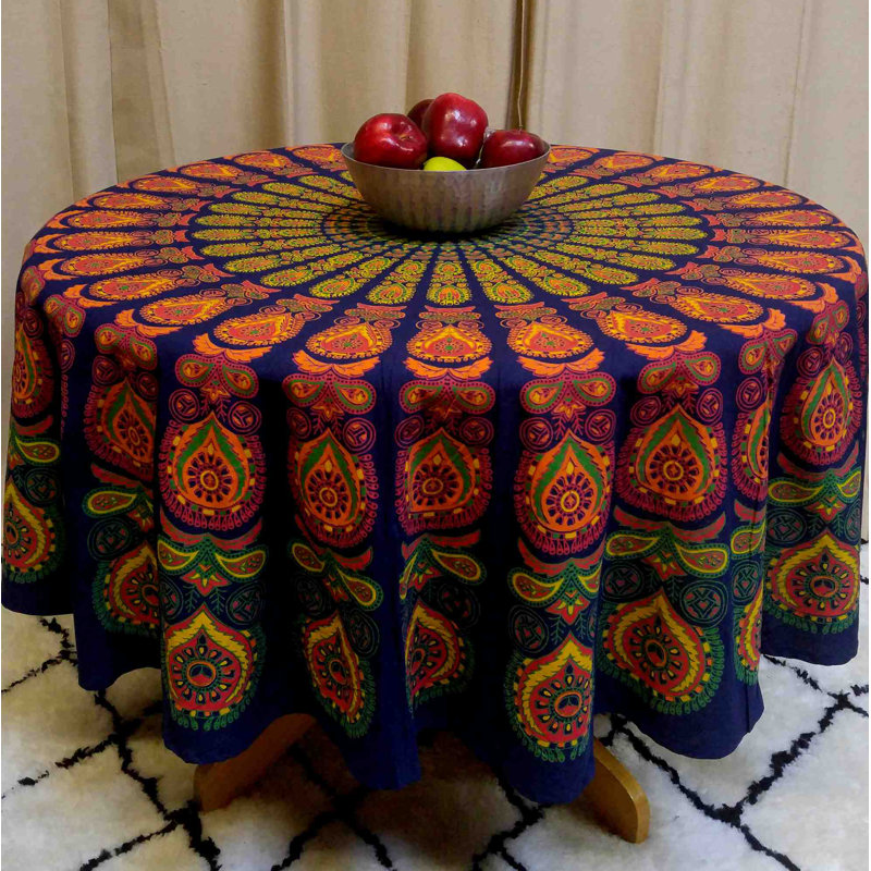 Lawhon Cotton Sanganer Peacock Mandala Tablecloth, Blue Orange