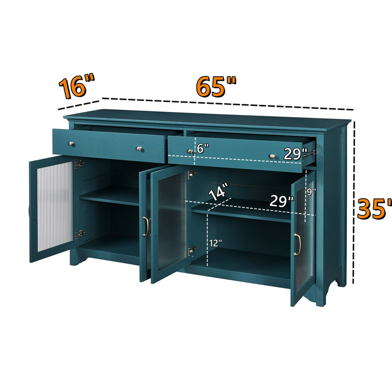 Armoire de rangement moderne bleu sarcelle. Buffet avec tablettes réglables, buffet pour centre de divertissement 65 ", tablettes et armoire de porte en verre