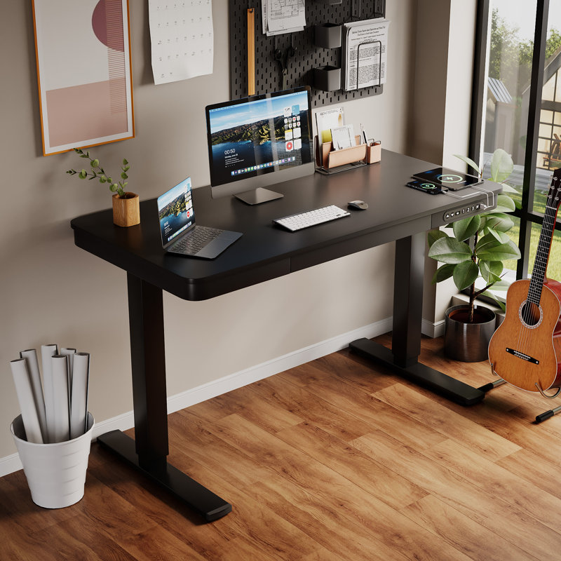 Height Adjustable Rectangle Standing Desk, Computer Desk with Drawer, USB Port and Type-C Port, Black