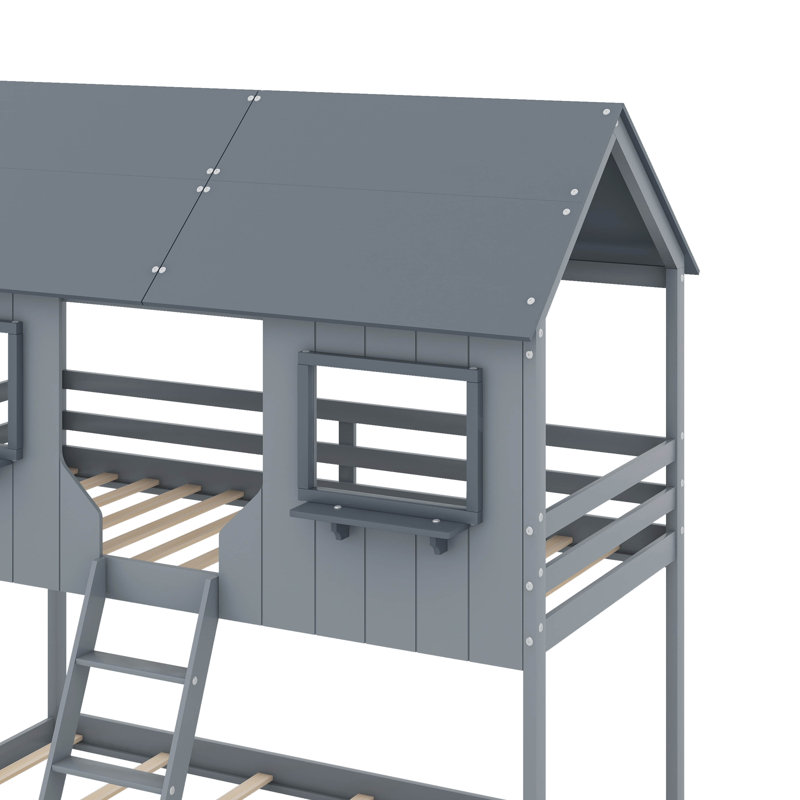 Twin Over Twin Bunk Bed Wood Bed With Roof, Window, Guardrail And Ladder, Gray