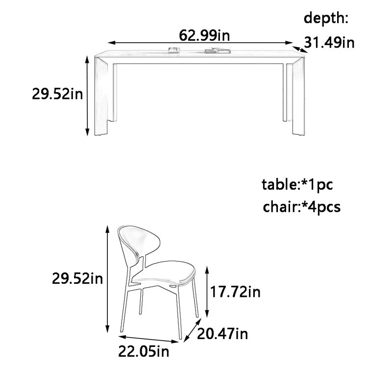Ensemble de table et chaises de salle à manger moderne et luxueux, H 29,52 po x L 62,99 po x l 31,49 po