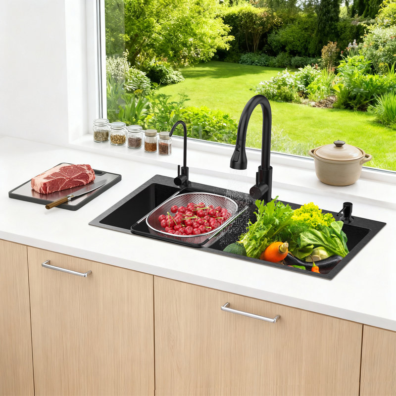 Évier de cuisine encastré noir de 31 pouces - évier simple en acier inoxydable, éviers de cuisine avec planche à découper et panier de drainage, évier d'établi (31,5 po x 17,7 po)