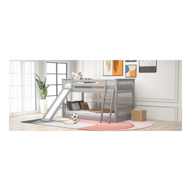 Lit superposé simple au-dessus d'un lit simple avec glissière convertible et échelle, gris
