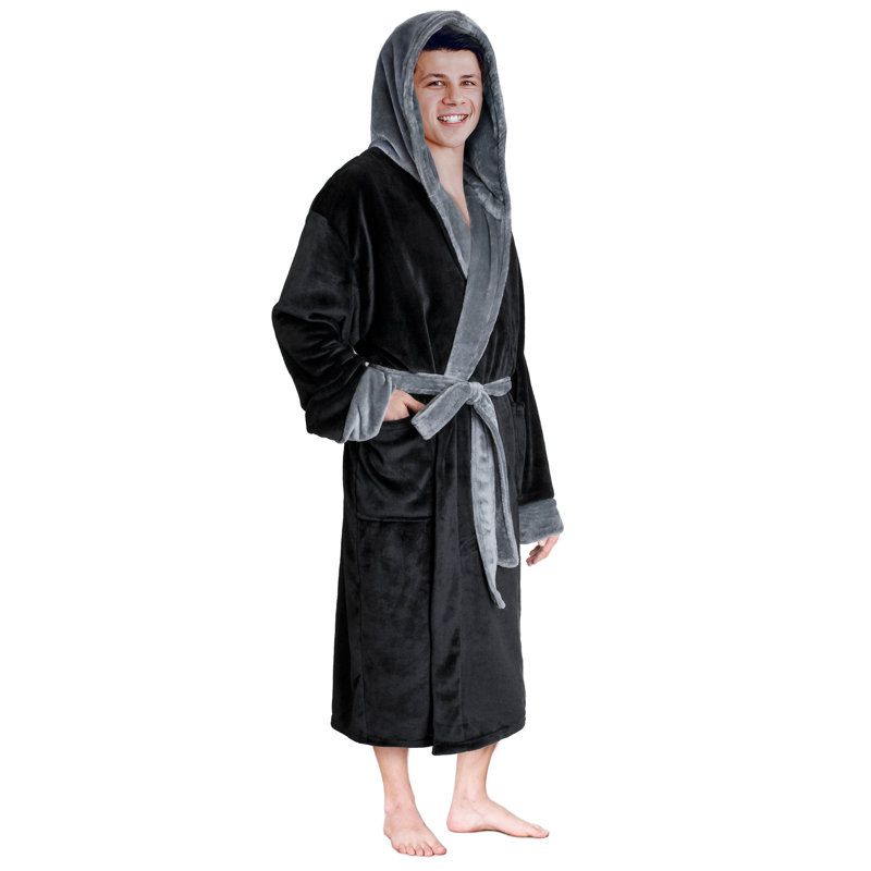 Yasmeli Fleece Boy / Man+ Mid-Calf Bathrobe with Pockets and Hood, Black/Gray