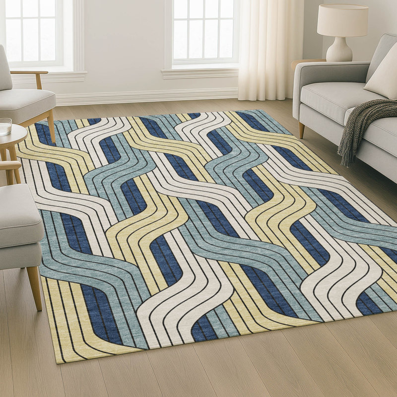 Premium Machine Washable Mayfield AMF2422 Striped Rug, Teal, 3' x 5'