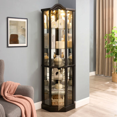 Vitrine de coin vitrée éclairée avec tablettes réglables
