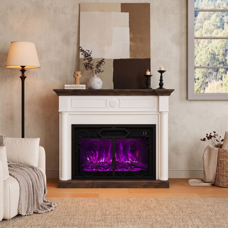 Meuble télé avec foyer électrique intégré de 119 cm (47 pouces), compatible avec les téléviseurs jusqu'à 55 pouces, style ferme, portes à volutes rétro, contrôle par application et flamme réglable, noir.