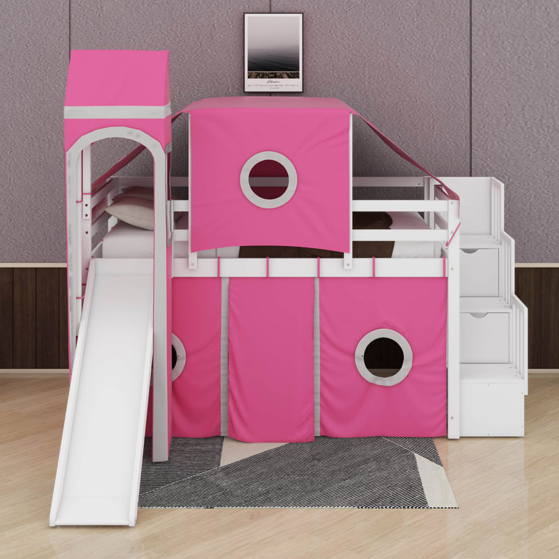 Lit mezzanine simple avec tente et tour, Lit simple, Rose