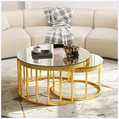Ensemble de 2 tables basses gigognes rondes, tables basses rondes modernes avec structure en métal doré et plateaux à finition miroir, pour salon et appartement