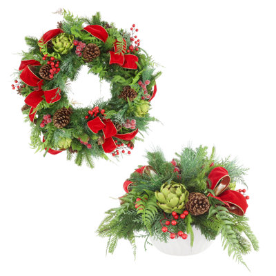 26" Holiday Wreath and Centerpiece with Artichokes, Berries and Bows
