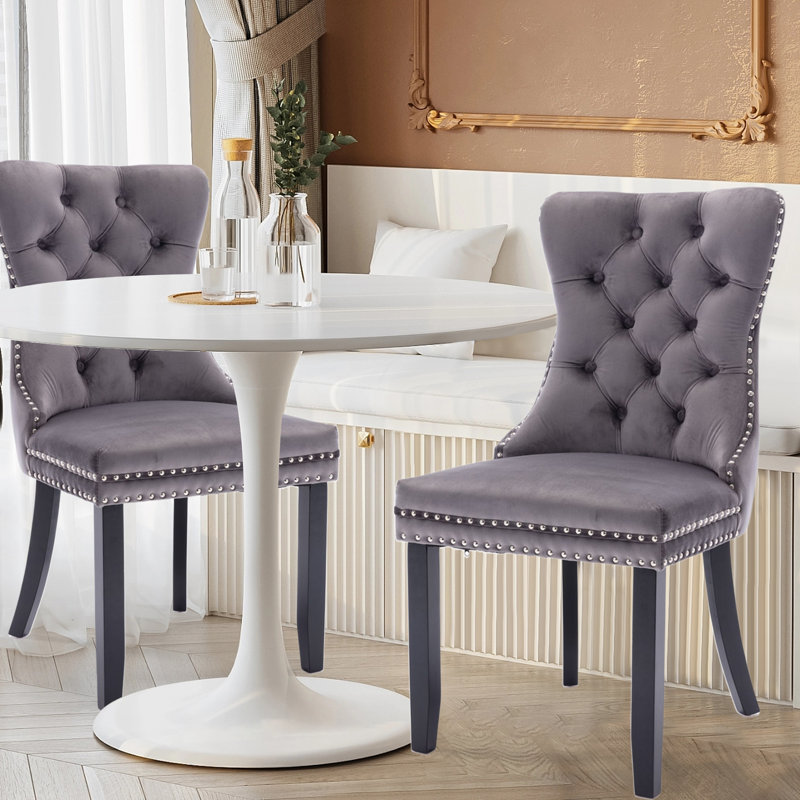 Chaise de salle à manger en velours avec pieds en bois massif Friedrun, Gris