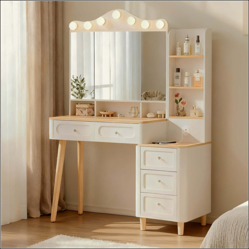 Vanity Desk with Mirror and Lights,Makeup Vanity with 2 USB Power Strip,Vanity Set with Two Drawers and Three-drawer Chest, 3 Lighting Modes Adjustable Brightness, Foldable Three-sided Mirror
