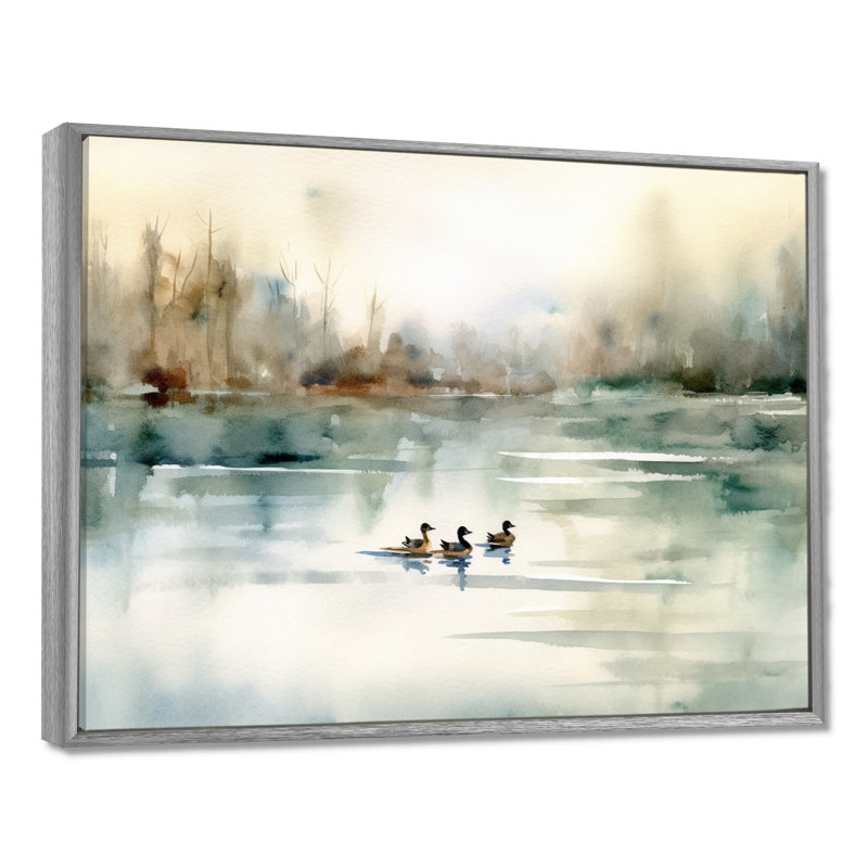 «Ducks in Pond I» - Art mural sur toile, H 12 po x l 20 po, Argent argent, Reproduction avec cadre flottant