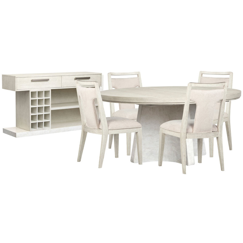 Extendable 54" Round Dining Table With 4 Side Chairs And Sideboard, 6 Pieces: Table, 4 Chairs, Sideboard