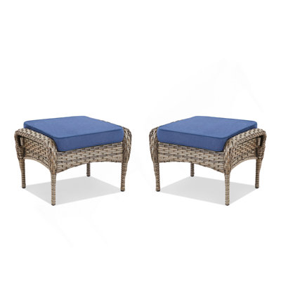 Ensemble de 2 repose-pieds d'extérieur en rotin gris avec coussin bleu pour cour ou terrasse