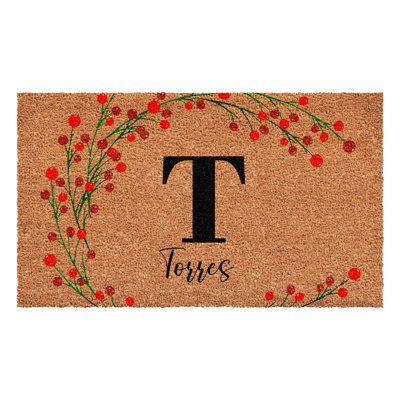 Personalized Christmas Berries Doormat, Letter T