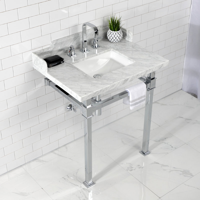 Kingston Brass Viceroy 30-Inch Carrara Marble Console Sink with Stainless Steel Legs (8-Inch, 3-Hole)