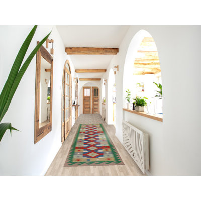 Tapis de couloir oriental géométrique en laine Kilim 3 x 13