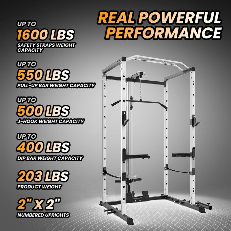 61” Squat Rack Power Cage with Lat Pulldown & J-Hooks