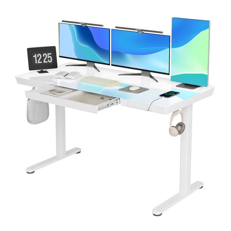 Bureau debout à hauteur ajustable en verre Seila, bureau d'ordinateur avec tiroir, port USB et port de type C, Blanc