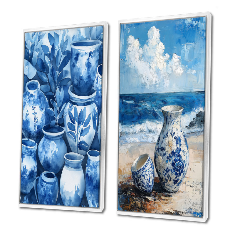 Ensemble de 2 pièces d'art mural bleu et blanc Boho, H 28 po x l 24 po, Impression encadrée, Blanc