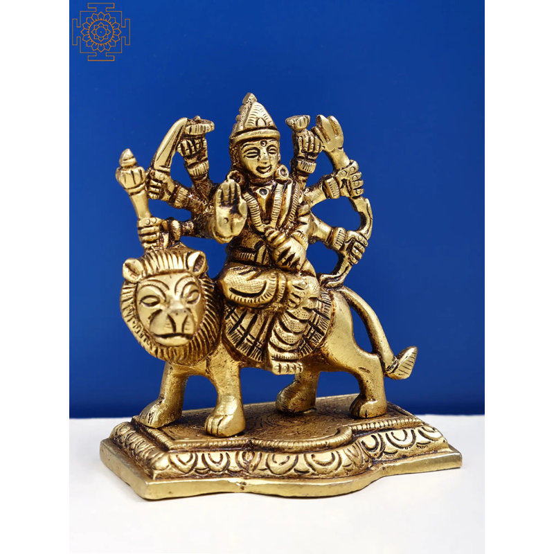 Statue en laiton 3 "déesse à huit bras Durga sur lion - miniature de protection de divinité fabriquée à la main pour décoration d'autel