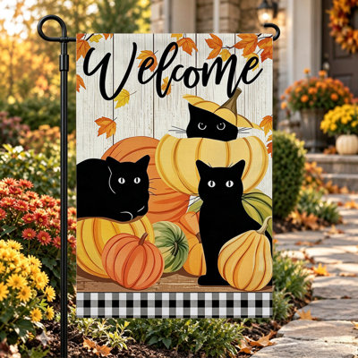 Drapeau de jardin « Bienvenue en automne », double face, 30 x 45 cm, motifs citrouilles orange et marron avec chats.