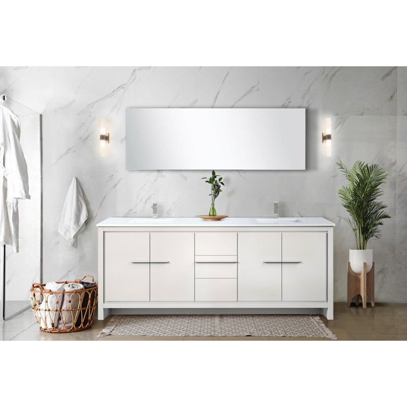 Meuble-lavabo blanc l 80 po x P 20 po avec comptoir en quartz et robinet en nickel brossé, Blanc