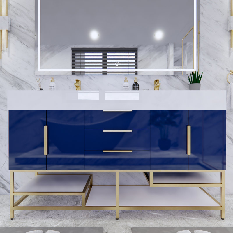 Ensemble de meuble-lavabo double 59 po Glasgow, Bleu nuit ultrabrillant