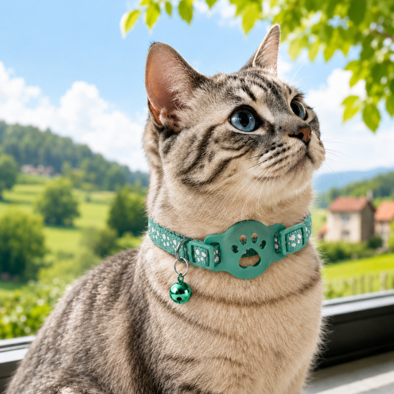 Collier ajustable pour chat à motif de patte réfléchissante avec boucle en forme de patte et clochette, Vert