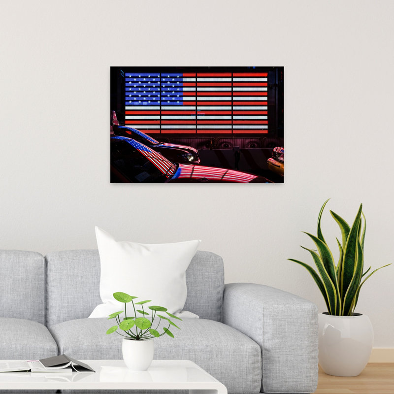 American Flag Night Reflections Bold Modern Vibrant City Wall Art Print 1 Piece Wrapped Canvas Wall Art