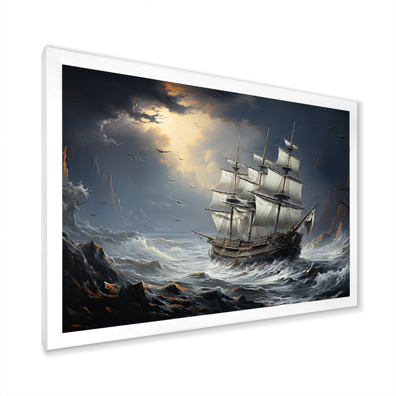 Bateau pirate à Stormy Seas I - décoration murale pirate, Cadre simple blanc, H 34 po x l 44 po x P 1,5 po