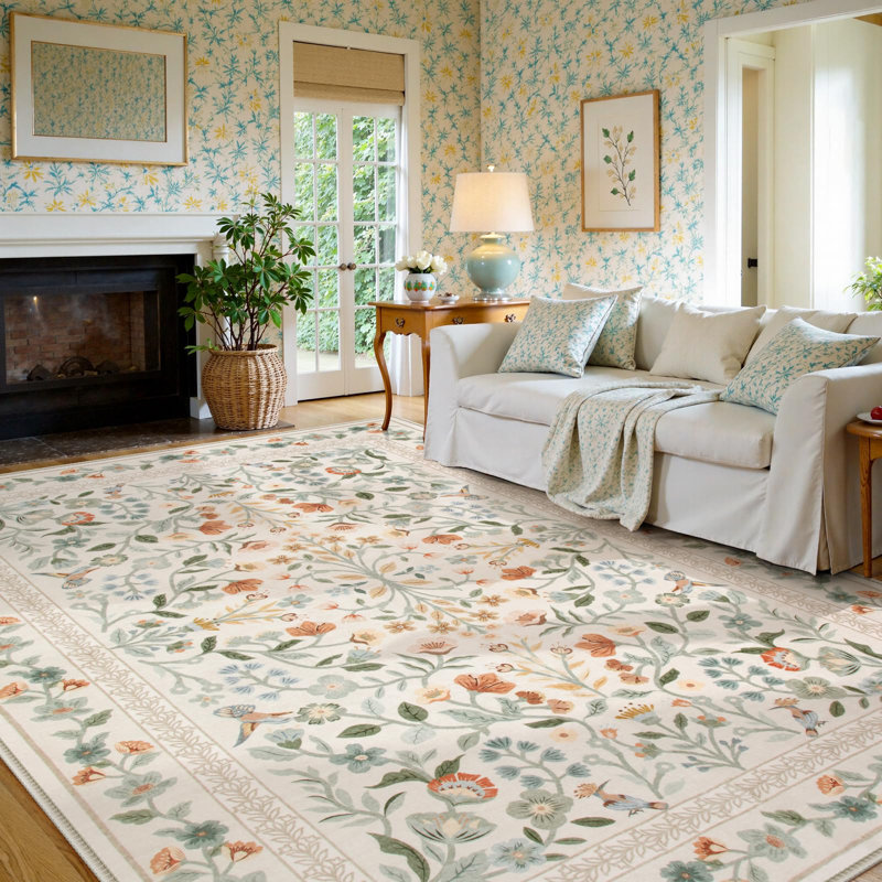  Floral Washable Rugs Non-Slip Ultra-Thin Soft Area Rug Vintage Botanical Print Carpet, Rectangle 8' x 10'