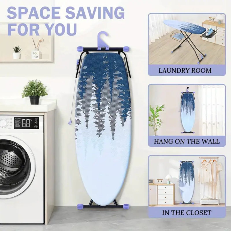 Planche à repasser robuste de 18 po x 51 po à panneau en acier large à hauteur réglable, housse antidérapante, fer à repasser escamotable, économiseur d'espace pliable pour la lessive à la maison, bleu vif