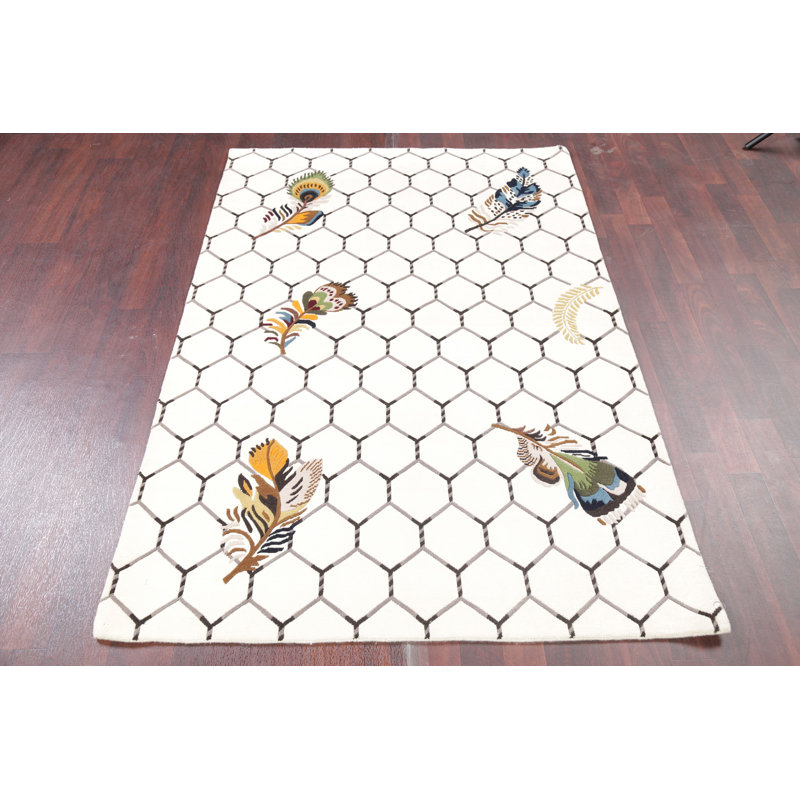 Tapis blanc / noir en laine noué à la main de conception unique 4 pi 2 po x 6 pi 1 po Nimco
