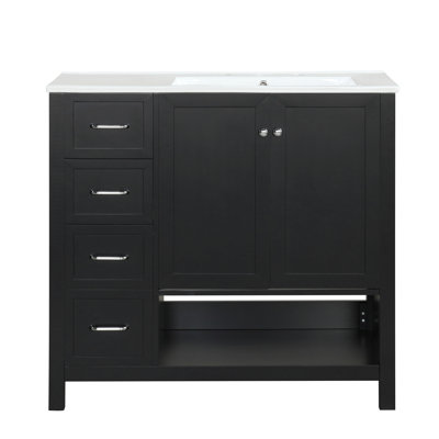 Meuble-lavabo 36 po avec comptoir d'évier, meuble-lavabo avec deux portes et deux tiroirs, bois massif, tablette ouverte, planches en MDF, un paquet