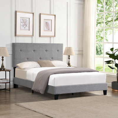 Modern Full Size Bed Frame With Linen Fabric - Button Headboard No Box Spring Wood Slat Support Easy Assembly Gray Pattern Platform Grey Upholstery Simple