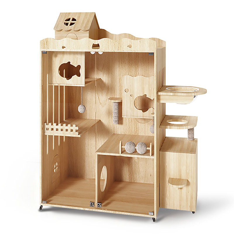 Maison pour chat de luxe en bois massif avec veilleuse magnétique