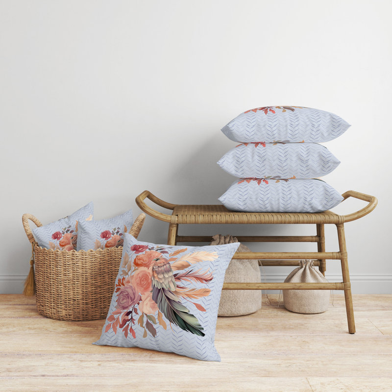 Feathered Bouquet Floral Outdoor Reversible Throw Pillow, 20"H x 20"W, Blue/Pink Floral, Broadcloth