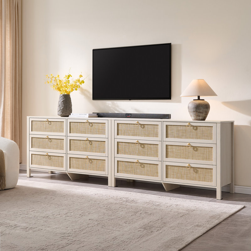 Pomodoro 51" W Rattan 6-Drawer Dresser With Golden Handles — Coastal Boho Bedroom Storage Chest, White Cream Oak