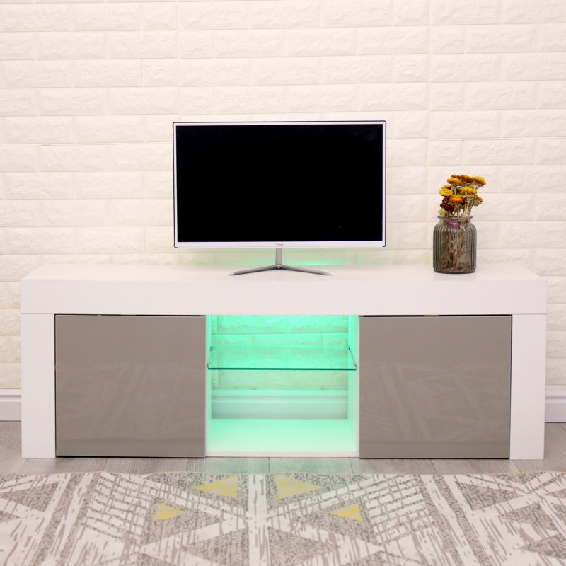  Modern LED TV Stand,Entertainment Console With High Gloss Doors, Cable Management & Storage Shelves For Living Room, Bedroom