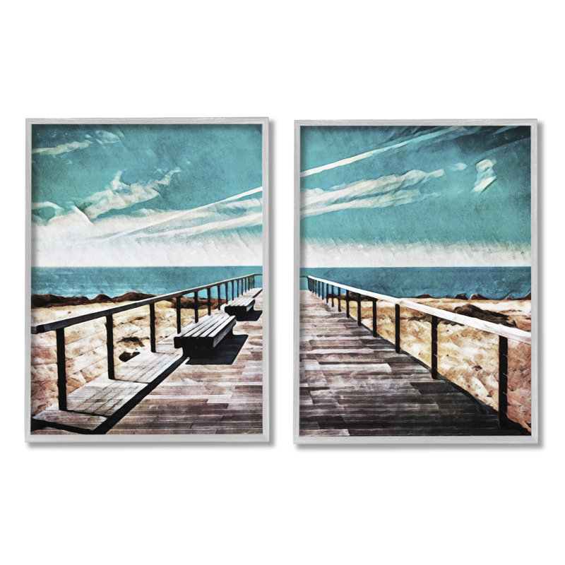 Tranquil Pier Dock Beach Clear Blue Sky Illustration par Ashley Aldridge - ensemble de 2 peintures