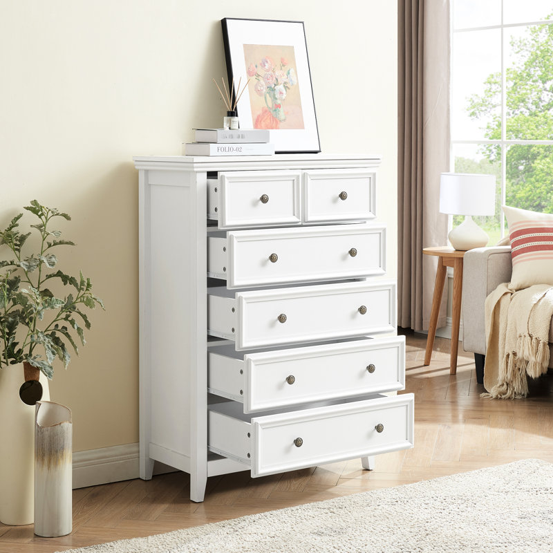 Commode moderne 6 chambres en blanc - Vaste rangement et commode élégante à 6 tiroirs à finition grain de bois pour vêtements avec dispositif de basculement