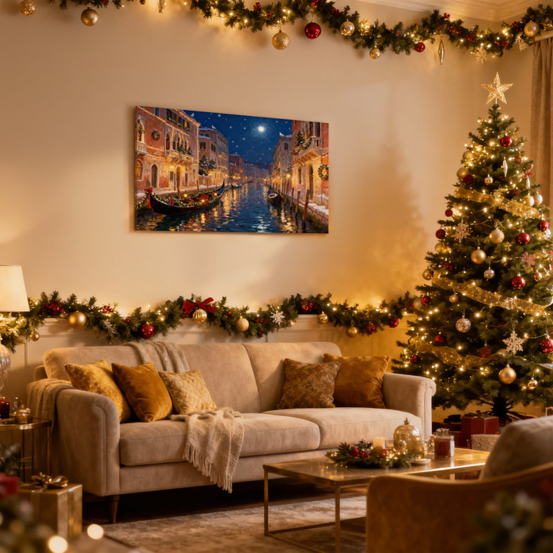 «Christmas Venice Night Christmas Gondola Lights Snow Moon», ensemble de 3 impressions sur toile, H 20 po x l 30 po