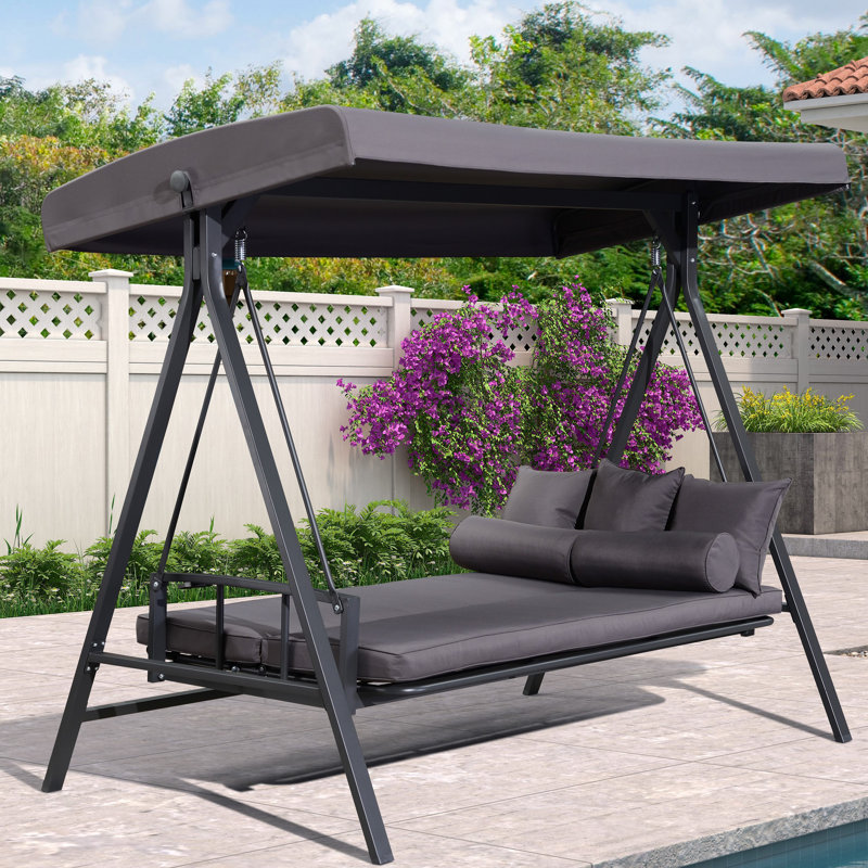 Mirga 3-seat Large Porch Swing Stand with Adjustable Backrest and Cushion and Pillows Included, Gray