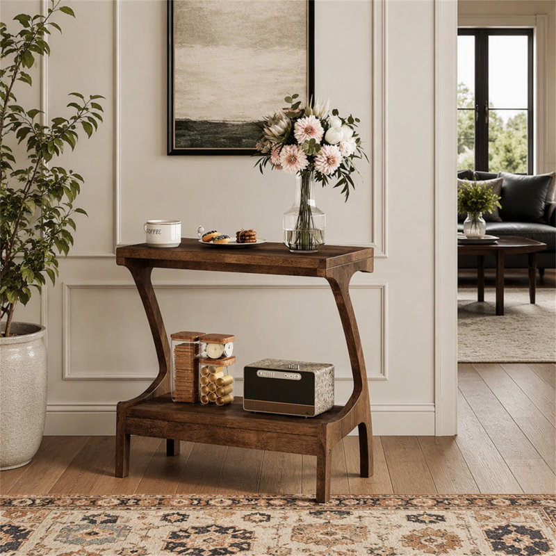 Table d'appoint en bois massif, table d'appoint étroite avec tablette de rangement à 2 niveaux
