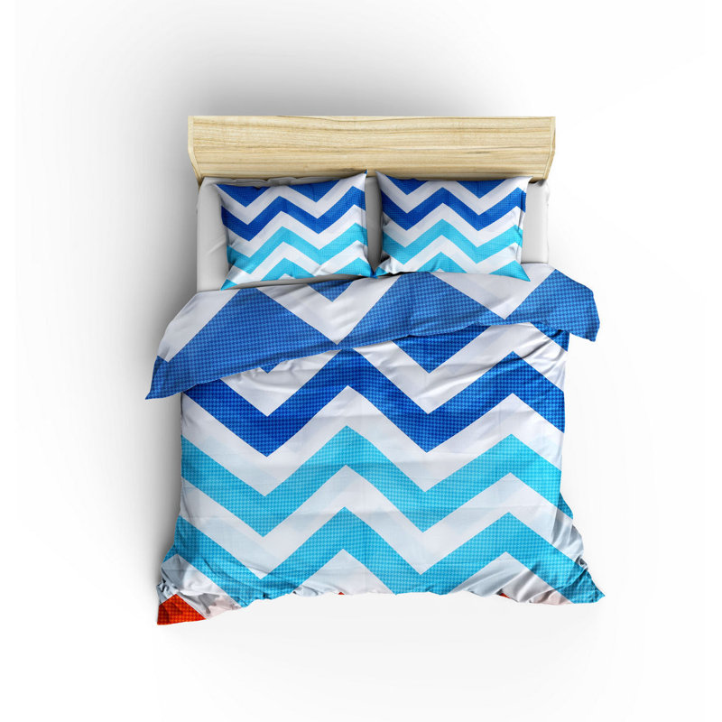 Ensemble de housse de couette Helvey, Bleu/orange, Housse de couette double + 2 taies d'oreiller stan
