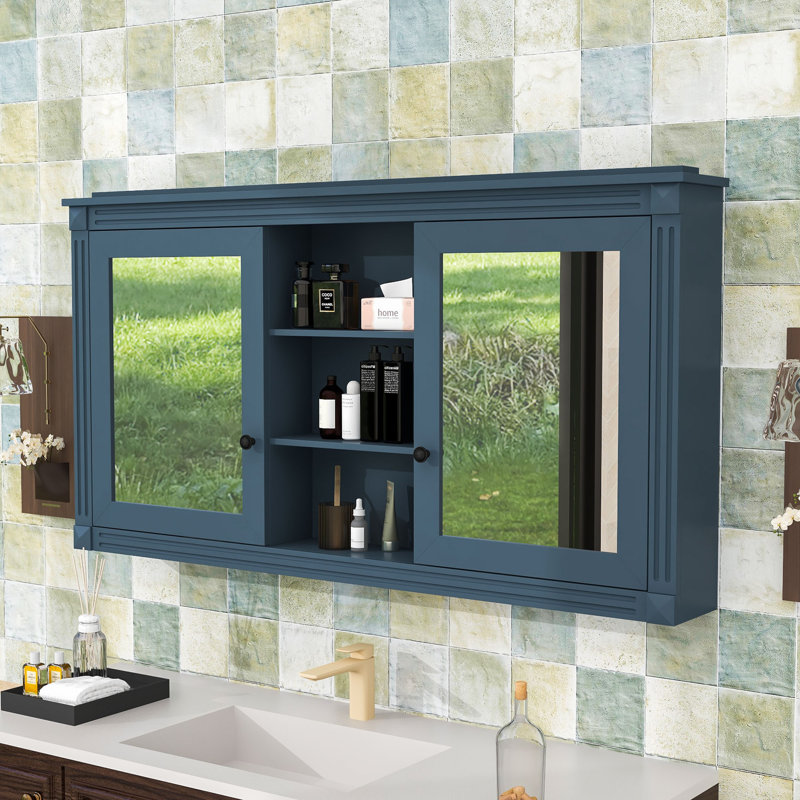 Armoire à pharmacie élégante avec miroir double, tablettes réglables et charnières à fermeture en douceur, Bleu