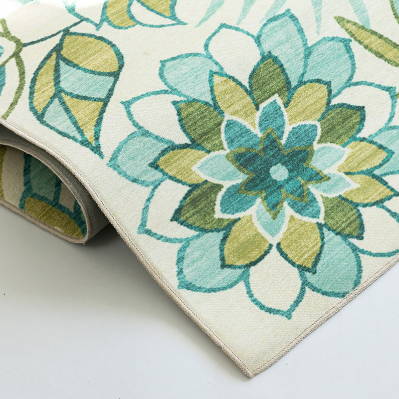 Blodewn Outdoor Rug Floral Design Performance Area Rug Green Yellow, Rectangle 5' x 7'